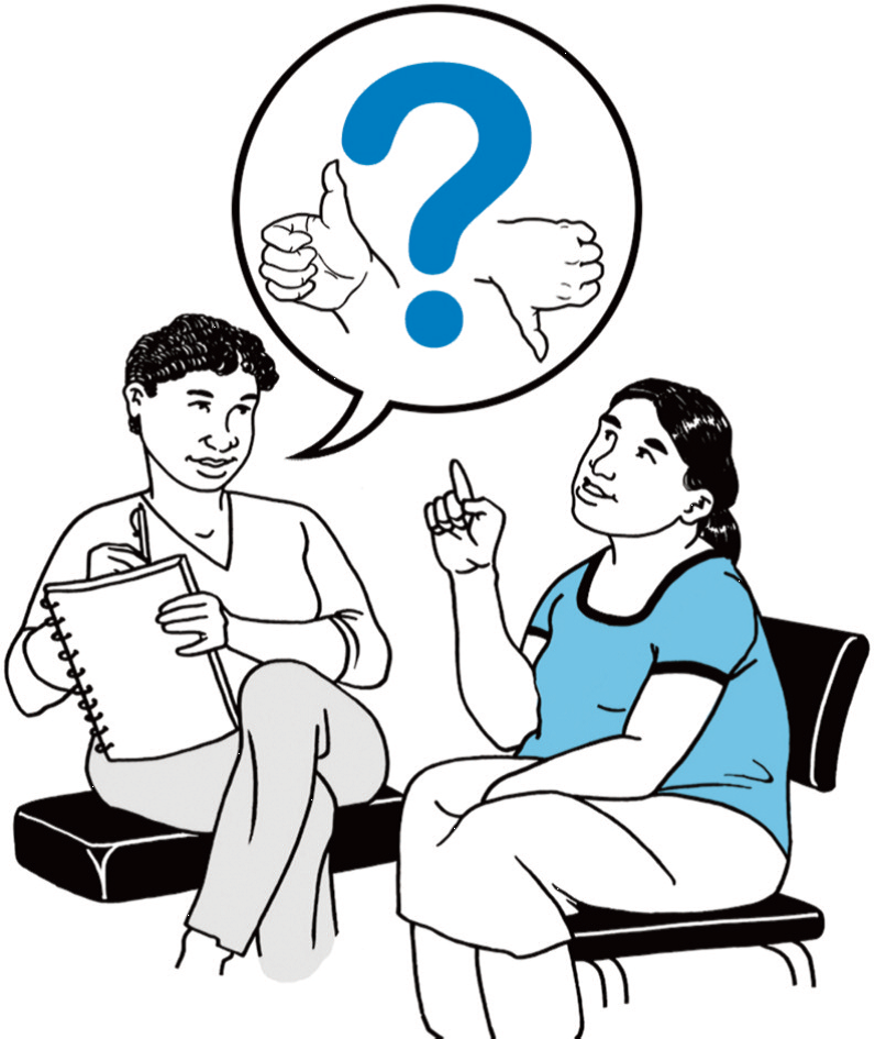Image showing two people invovled in a conversation. Links to the easy read PDF of document 'titled 'survey for patient, carers and service users'