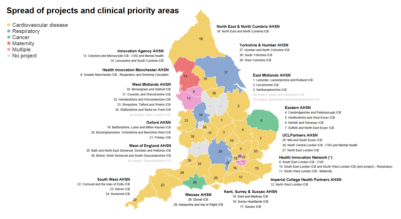 A map showing the spread of projects and clinical area of focus.