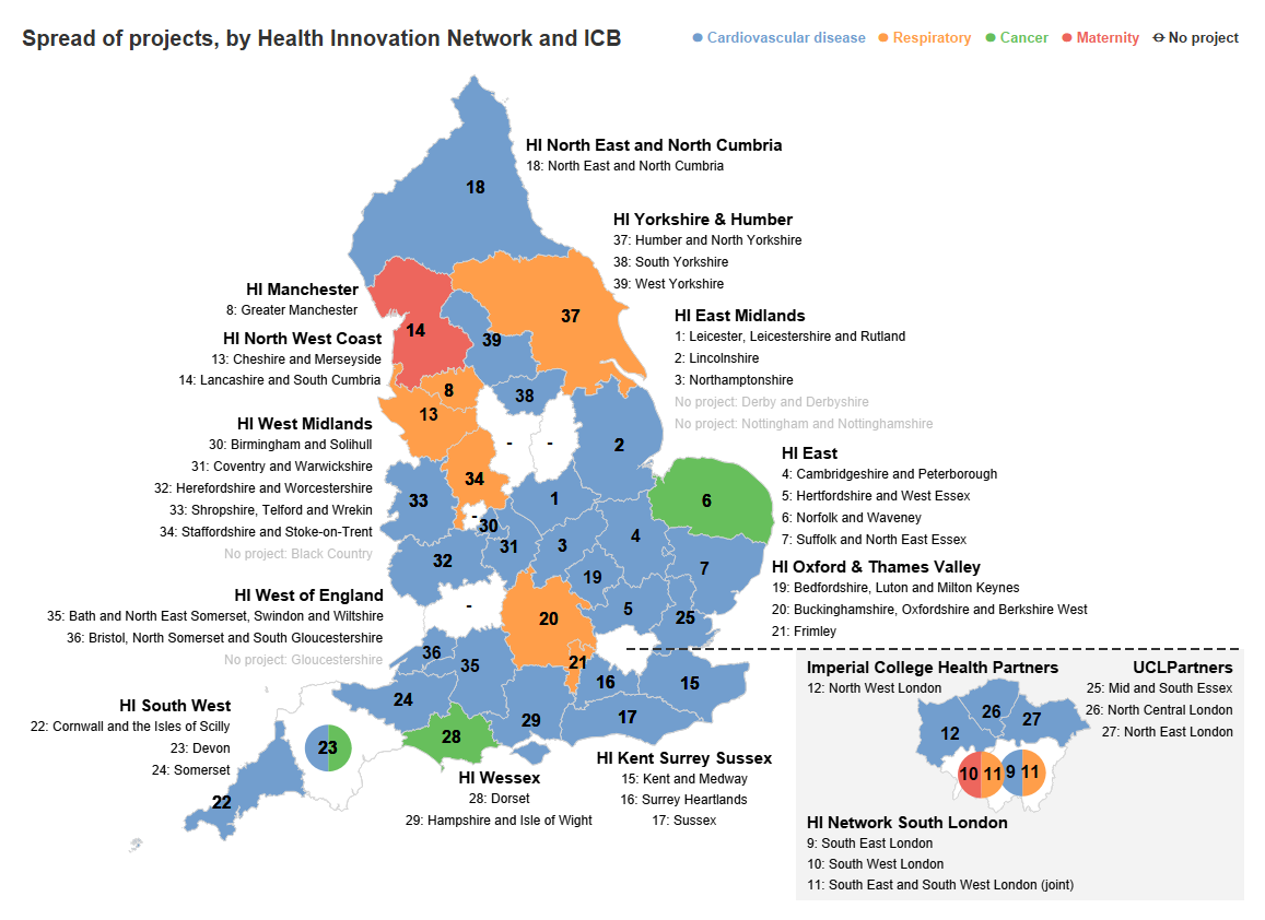 Spread of projects by health innovation network and integrated care board