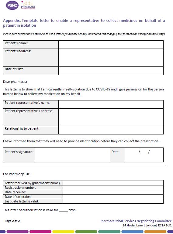 Template letter to enable a representative to collect medicines on behalf of a patient in isolation