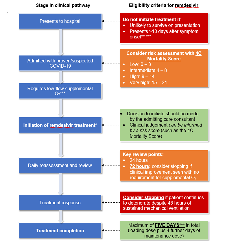 Flowchart showing the clinical pathway and eligibility criteria for using remdesivir