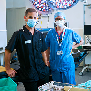 Amy a Consultant Anaesthetist and Joel a Surgical Matron in an operating theatre at Norfolk and Norwich University Hospitals NHS Foundation Trust