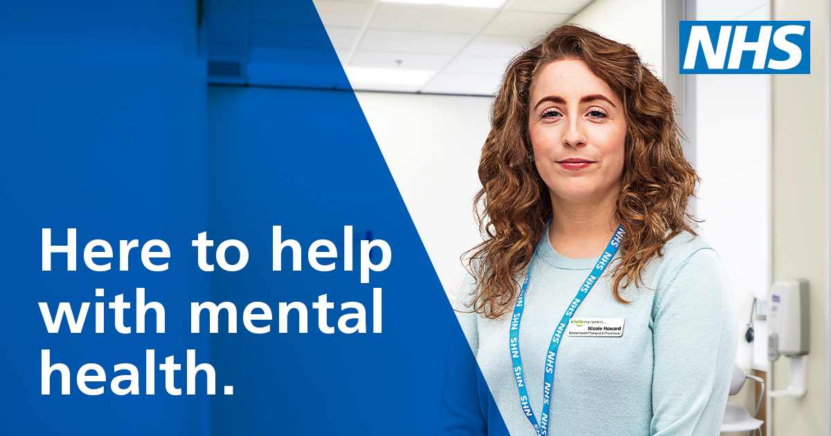 Image of a female nurse looking at the camera and smiling. Text reads "Here to help with mental health" against a blue background. The NHS logo is in top right-hand corner.