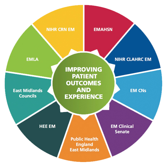 Image of a wheel showing a list of partners: Improving patient outcomes and experience HIHR CRN EM EMAHSN NIHR CLAHRC EM EM CNs EM Clinical Senate Public Health England East Midlands HEE EM East Midlands Councils EMLA