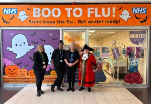 Cheryl Payne, Lord Mayor of Kingston upon Hull with NHS staff at Winter Wellness Hub at North Point Shopping Centre, Hull.