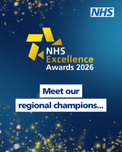 Blu background with NHS logo, containing text saying Meet our regional champions...