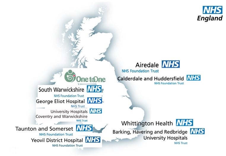 Map of the UK show an approx location for the pilot sites. Airedale NHS Foundation Trust, Calderdale and Huddersfield NHS Foundation Trust, University Hospital Coventry and Warwickshire, South Warwickshire Foundation Trust, George Eliot Hospital Trust & Coventry University, Taunton and Somerset NHS Foundation Trust and Yeovil District Hospital NHS Foundation Trust, Barking, Havering and Redbridge University Hospitals NHS Trust and Whittington Health NHS Trust