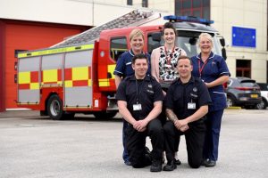 Front row (left to right): Leon Dentico and Neil Rhodes from West Yorkshire Fire and Rescue Service Back row (left to right): Jo Corbett District Nurse Team Leader, Rachel Morris Falls Prevention Nurse, Jacqueline Critchlow, District Nurse from Bradford District Care Foundation Trust