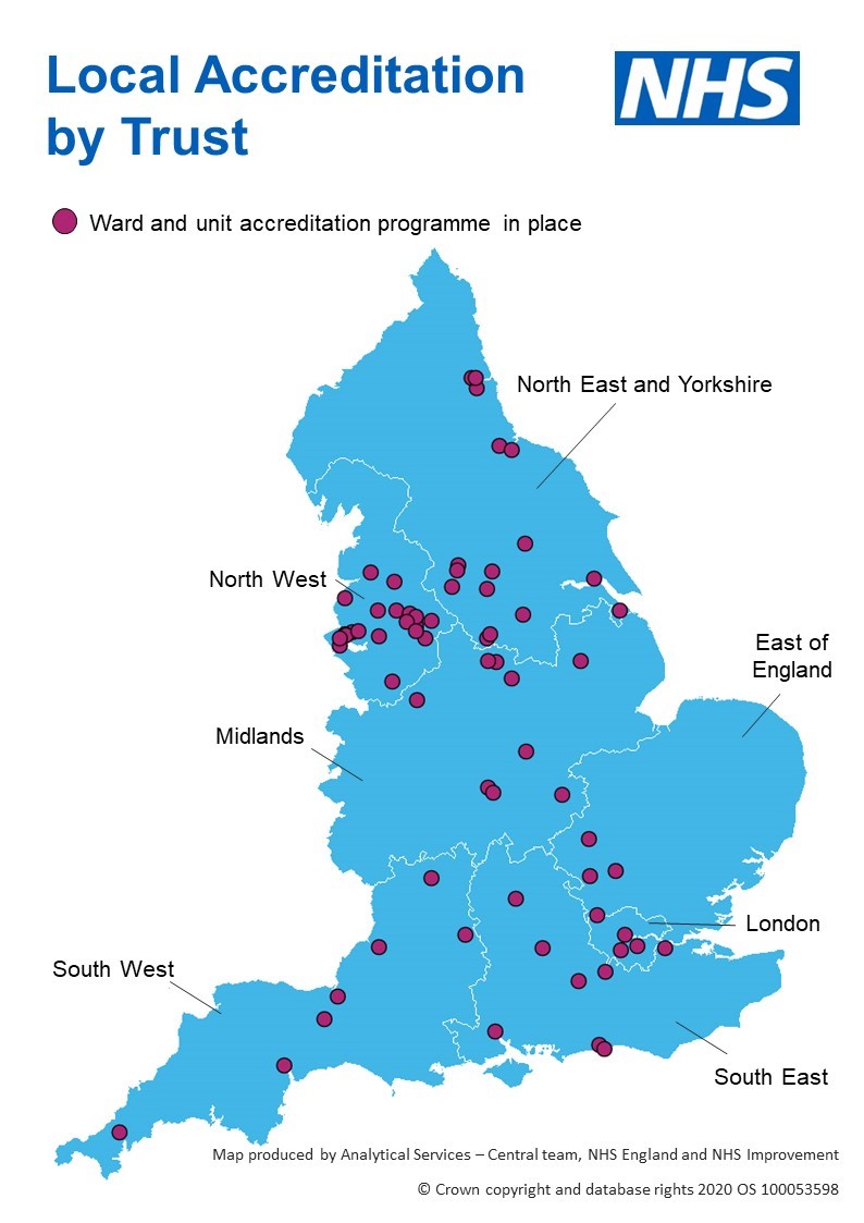 An image of the map of England with Local Accreditation activity identified using burgundy coloured dots.