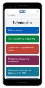 Image of the NHS England Safeguarding app on a mobile device