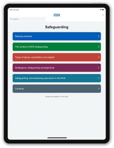 Image of the NHS England Safeguarding app on a tablet