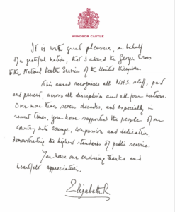 Letter from Her Majesty the Queen Elizabeth II awarding the George Cross to the NHS