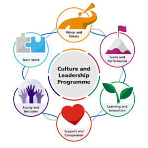 Six circular images are arranged in a circle around a central circle titled culture and leadership programme. Vision and values is represented by a person with a telescope in orange. Goals and performance is represented by a mountain with a flag on top in pink. Learning and innovation is represented by two new shoots/leaves in green. Support and compassion is a heart in red. Equity and inclusion shows three hands reaching up, in three different sizes and shades of purple with a globe behind them. Team work is shown with a grey and a light blue puzzle piece. The six cultural elements are connected with grey and blue interweaving lines.