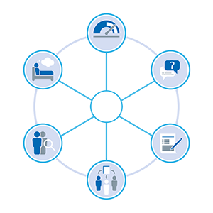 Blue and white graphic depicting the six diagnostic tools as a wheel