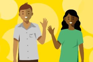 This image accompanies the Looking after you too coaching offer. The images show two people who are waving