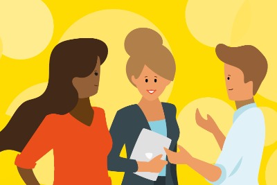 This image accompanies the ‘Looking after your team’ support offer. The image shows three people talking – one of these is a team leader and the other two are team members