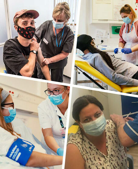 Montage of images showing patients receiving a vaccination