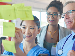 Group of people looking post it notes