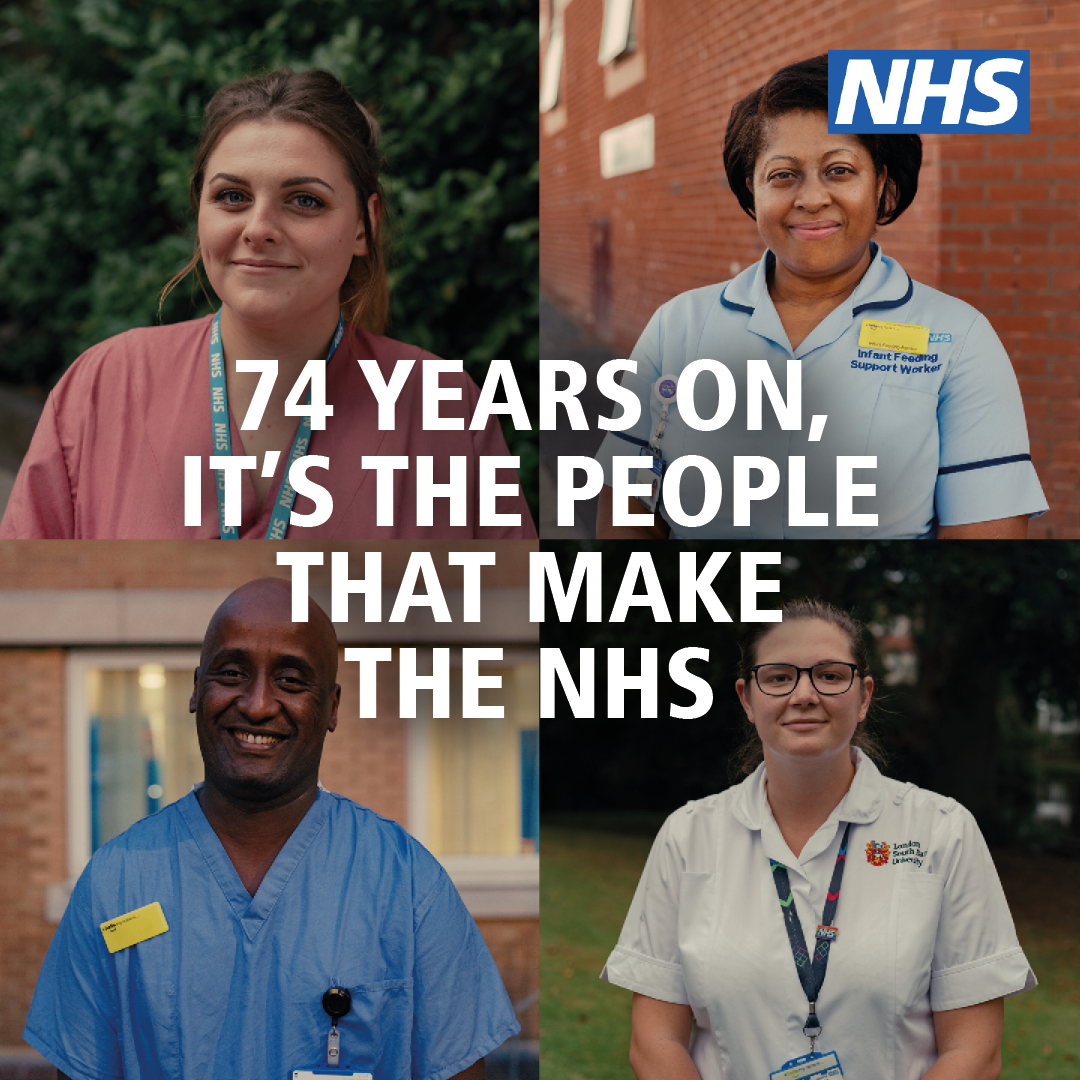 4 pictures of healthcare staff with caption '74 years on, it's the people that make the NHS'