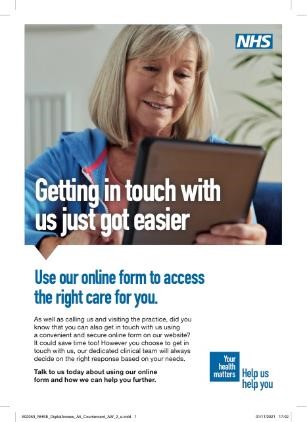 Shows the counter-card for reception teams to start conversations with patients about using online forms.