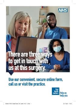 Shows the poster of "Three ways to get in touch with us at this surgery."