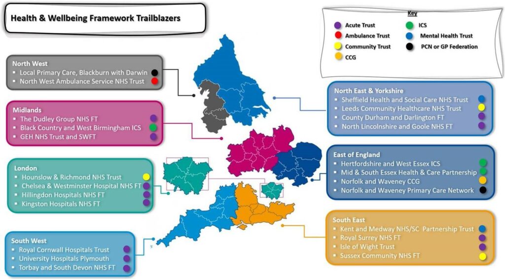 This is map of England showing the locations of the Health & Wellbeing Framework trailblazers.