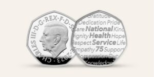 50p to mark the NHS's 75th birthday. 'National Health Service 75' is surrounded by words which are said to represent the work of the NHS: gratitude, dedication, pride, care, kind, dignity, hope, respect, life, empathy, support, compassion, duty and knowledge.