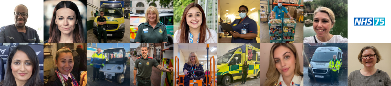 Your NHS stories banner photo representing staff and volunteers from across the NHS to celebrate the NHS's 75th anniversary