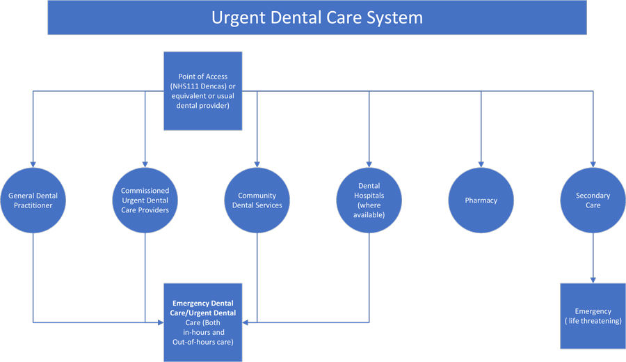 Urgent dental care needs assessed by 111 should be provided by an appropriate dental care settings such as general dental practices, UDC providers, community dental services or dental hospitals (were available). Emergency care should be sought for life threatening condition.