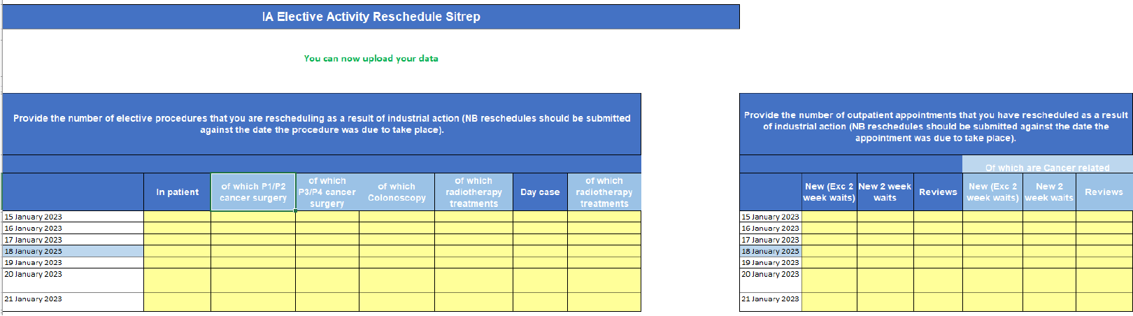 Screenshot of template data for the rescheduled activity SitRep (acute trusts)