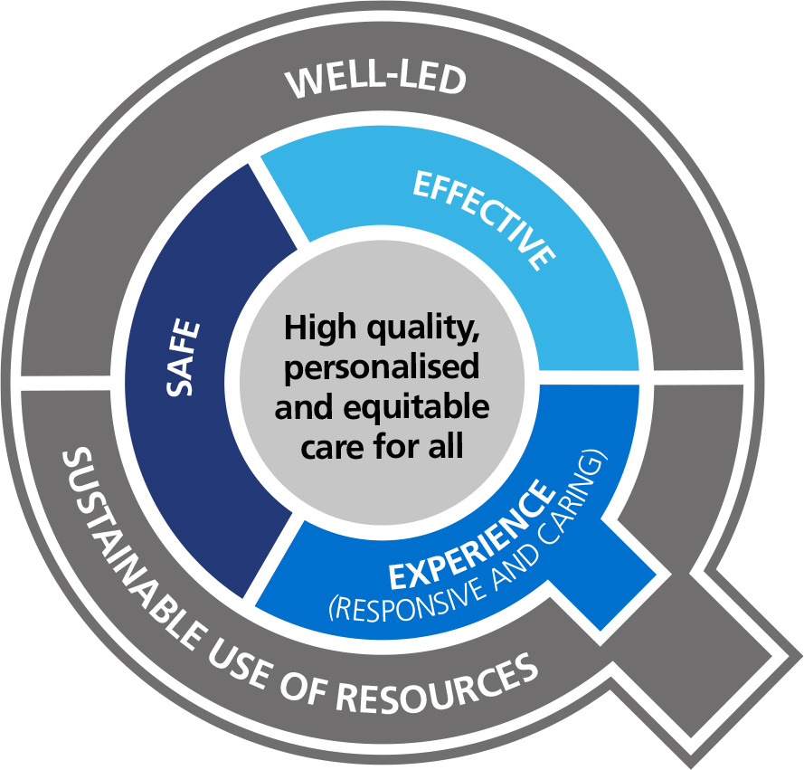 This diagram shows 3 concentric circles. 

The inner circle reads 'high quality, personalised and equitable care for all. The two outer circles illustrate how this can be effectively delivered through ICSs. Care should be safe, effective, a positive experience for people, well-led, sustainably resourced and equitable.