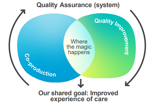 This chart shows the new QA Venn diagram. Where two circles labelled 'co-production' and 'quality improvement' overlap is a section labelled 'Where the magic happens'. The diagram also shows a quality assurance flow leading to 'our shared goal: Improved experience of care'.
