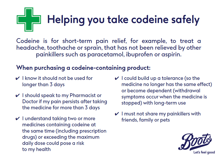 A poster, branded with the Boots logo, it advises patients what to consider when purchasing codeine over the counter.
