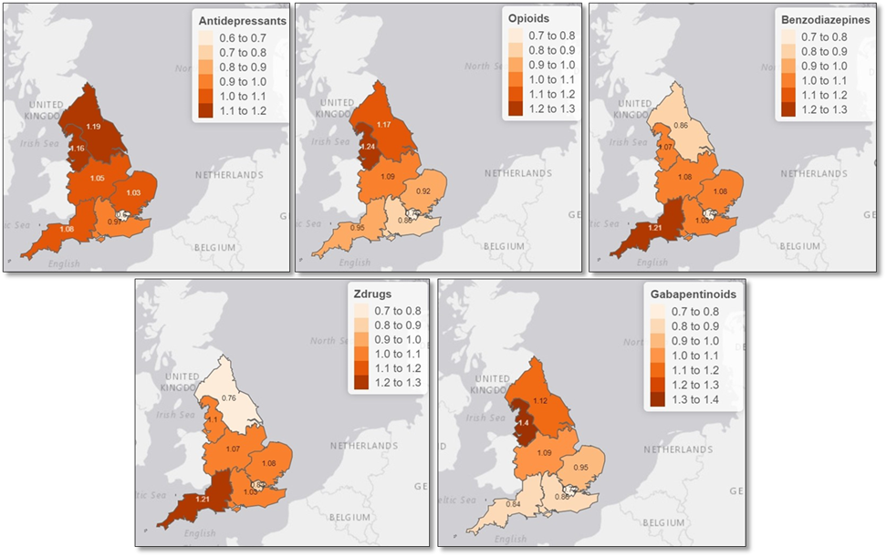 Heat maps showing standardised rate of opioid, antidepressant, gabapentinoid, benzodiazepines and Z-drugs prescribing across England for financial year 2020/2021 for each region. The maps how that all five classes of medicines are prescribed at levels higher than expected across most regions of England.