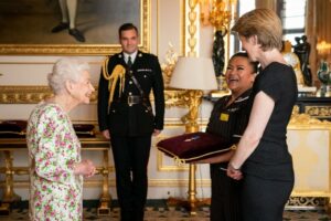 Amanda Pritchard and May Parsons being presented with the with the George Cross by The Queen.
