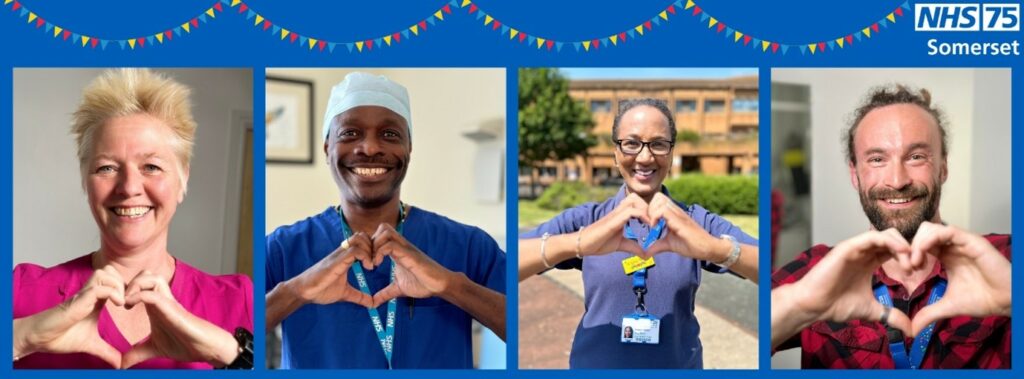 4 NHS workers posing and making a hear shape with their hands