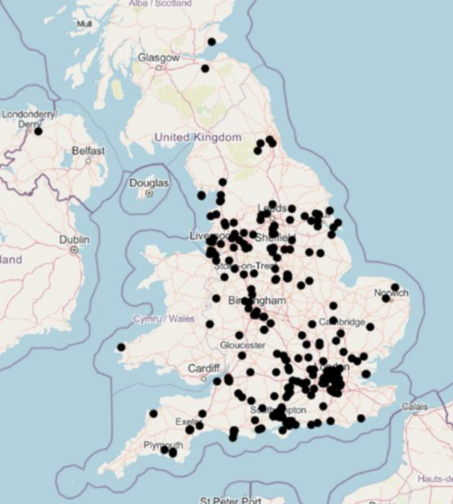 Figure 1 - Respondents by postcode. A map of the United Kingdom which details the responses to the consultation by geographical area. Respondents are plotted as dots on the map.