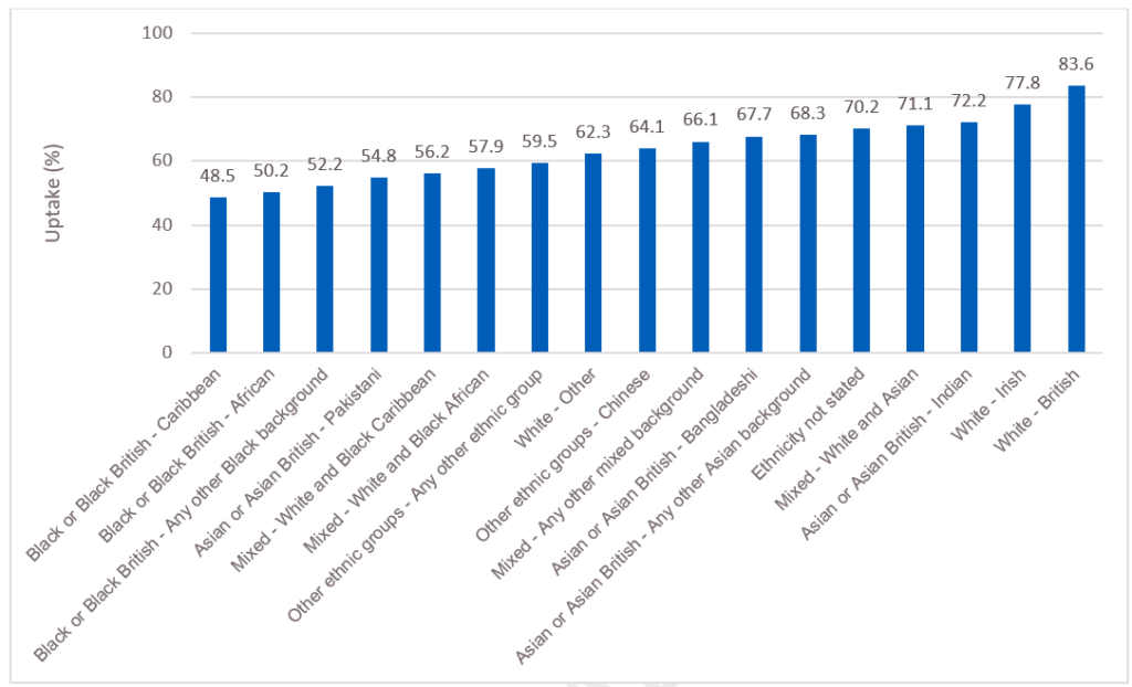 Suggestion Chart showing percentage uptake of flu vaccination in the over 65s by ethnic group in England in 2022/23. Uptake ranges from 48.5% for Black or Black British - Caribbean to 83.6% for White - British.