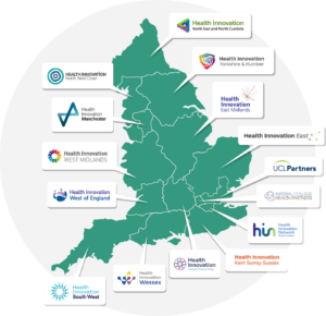 Map showing 15 Health Innovation Network locations
