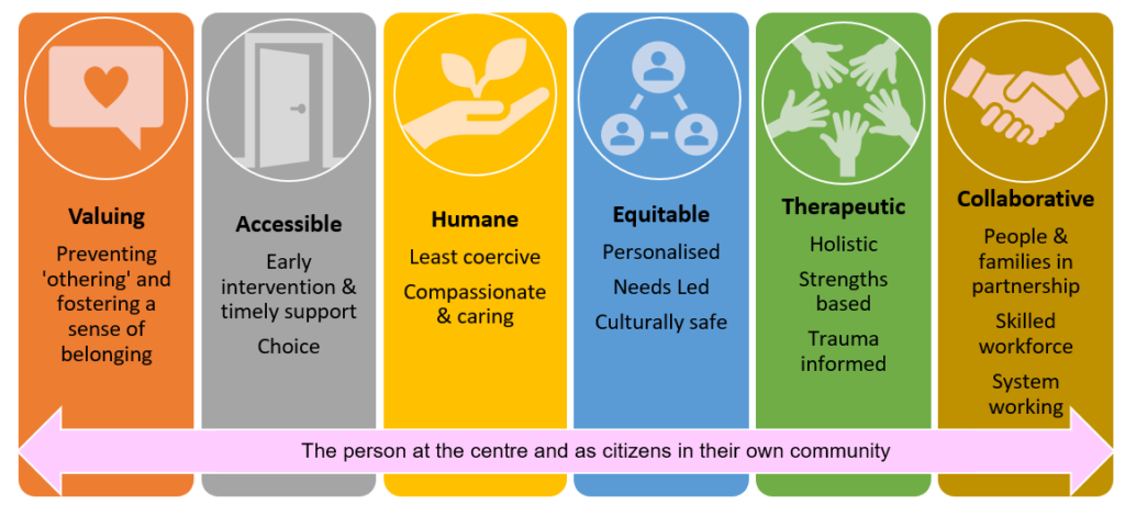 Five coloured boxes with text underneath each representing different values: 1. valuing 2. accessible 3. humane 4. Equitable 5. Therapeutic 6. Collaborative.