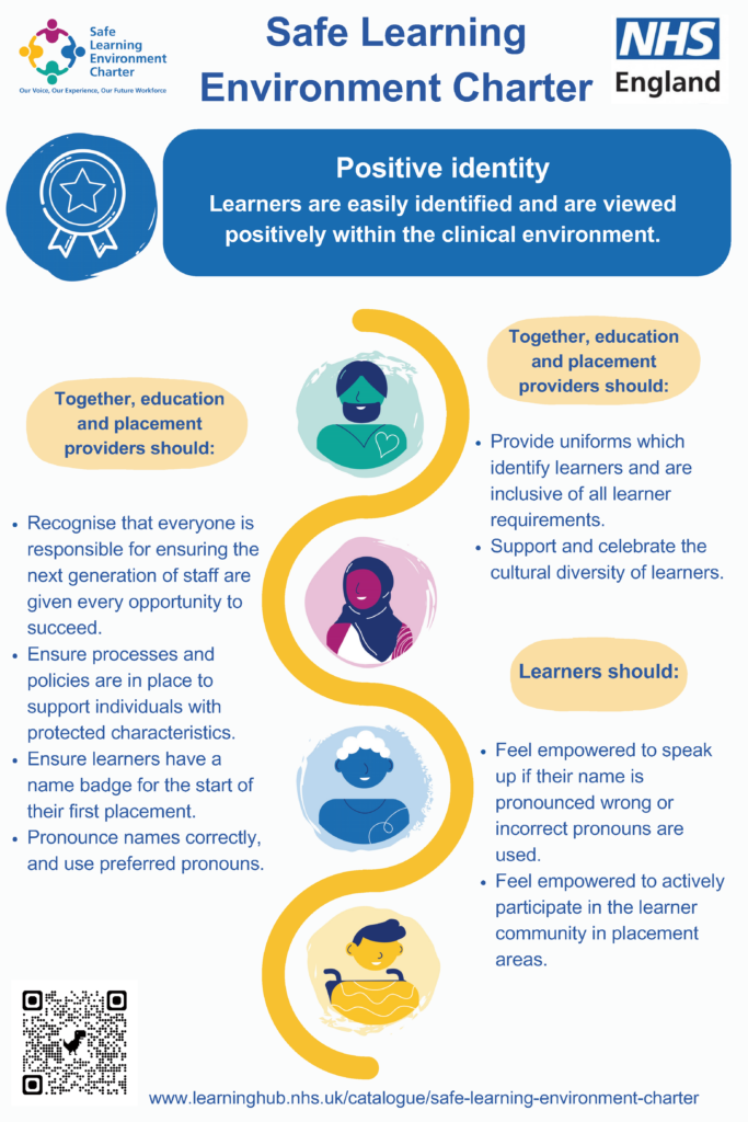 This poster explains the responsibilities of education providers, placement providers and learners when it comes to positive identity.
