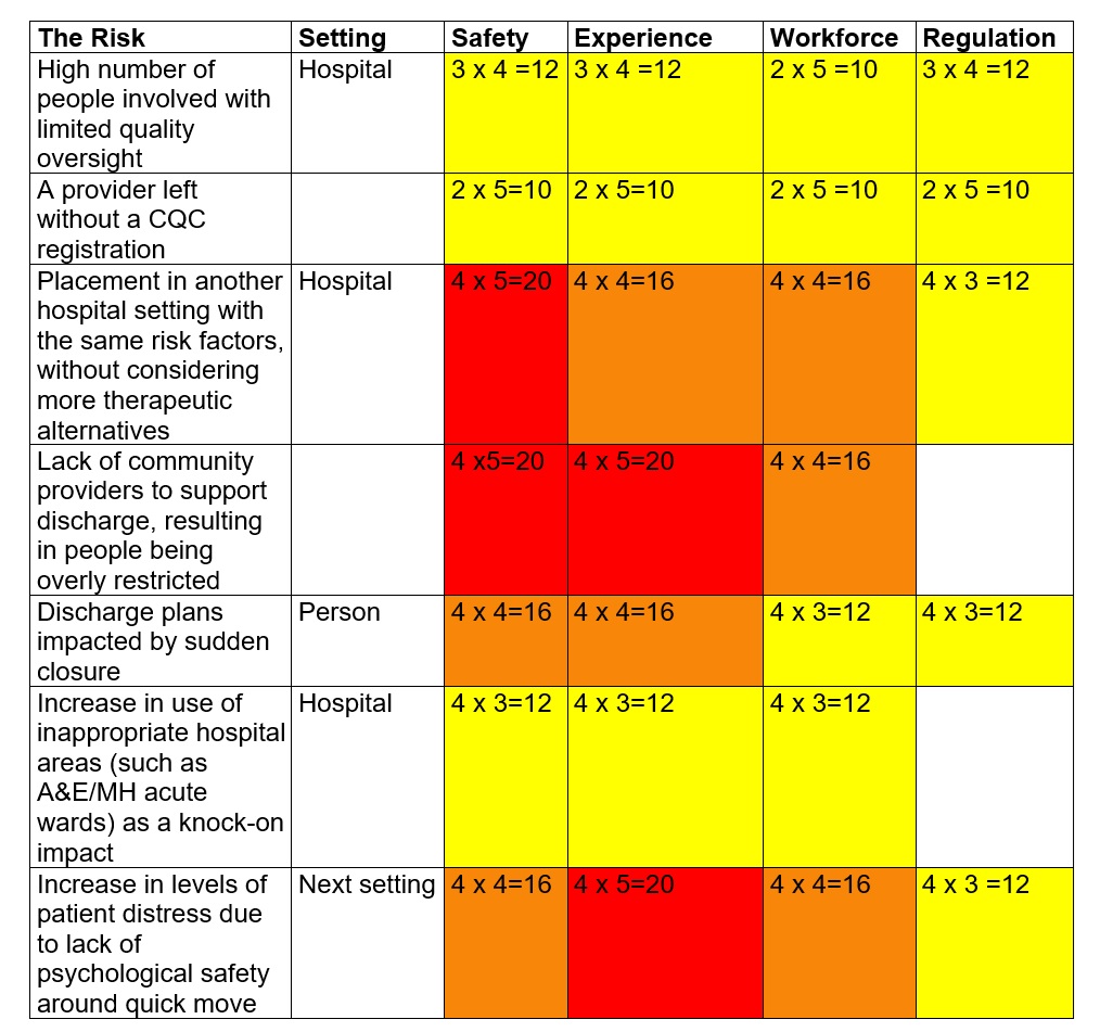 The image is a risk assessment matrix that evaluates risks across various areas like setting, safety, experience, workforce, and regulation. Each risk factor is assigned a risk score, with the highest score being 20. The color-coding indicates low (green), medium (yellow), and high (red) risk levels.