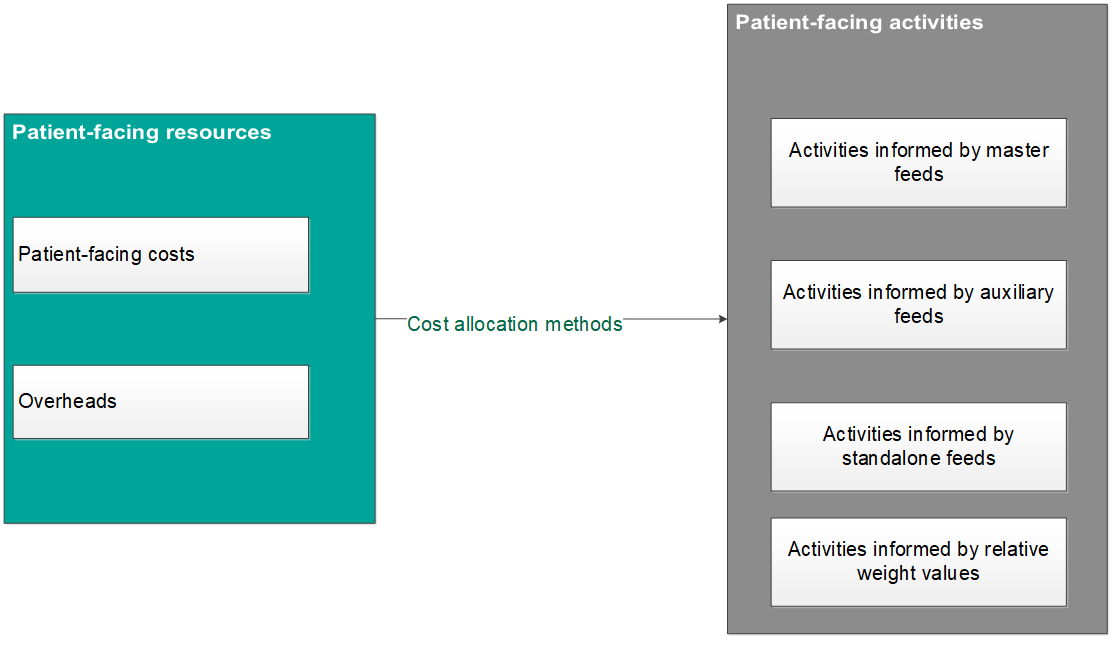 Figure shows the two types of patient-facing resources (patient-facing costs and overheads) allocated to four different types of source information (master feeds, auxiliary feeds, standalone feeds and relative weight values) that inform the activities.