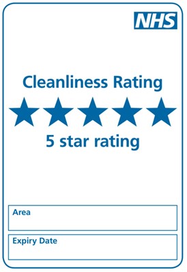 he star rating display shows blue text on a white background. Underneath the title “Cleanliness Rating” are five blue stars, underneath which is the text “5 star rating”. At the bottom are spaces to write in the area and expiry date of the rating. The NHS logo is in the top right corner.