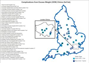 A map of England showing where Complications from Excess Weight (CEW) clinics are found