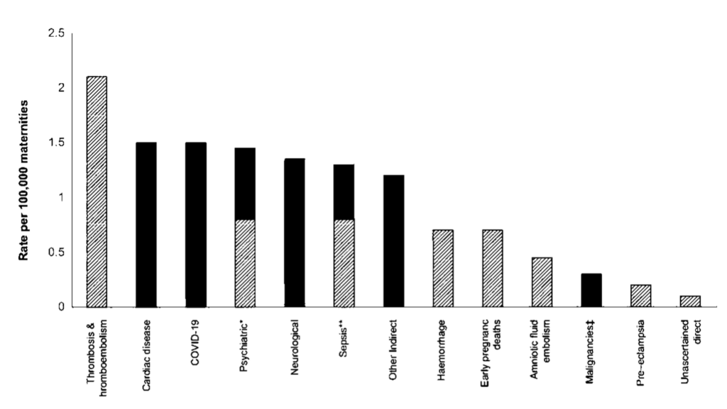 Maternal mortality rates by cause per 100,000 maternities, UK 2021 to 2023