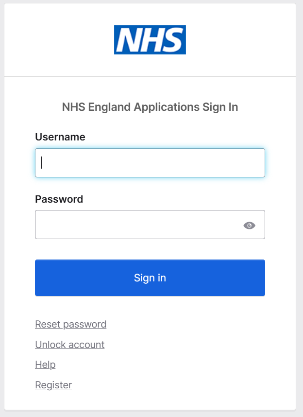 Image of NHS England applications login screen.