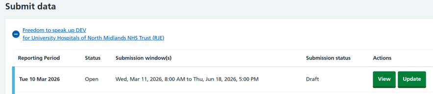 Image of what will appear on the Data Collection Framework dashboard when you click on save or save as draft.